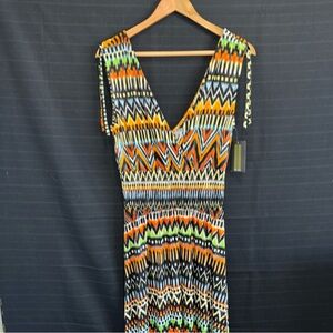 New Women's Long Maxi V Neck & V Back Pullover Empire Waist Multicolor Dress M